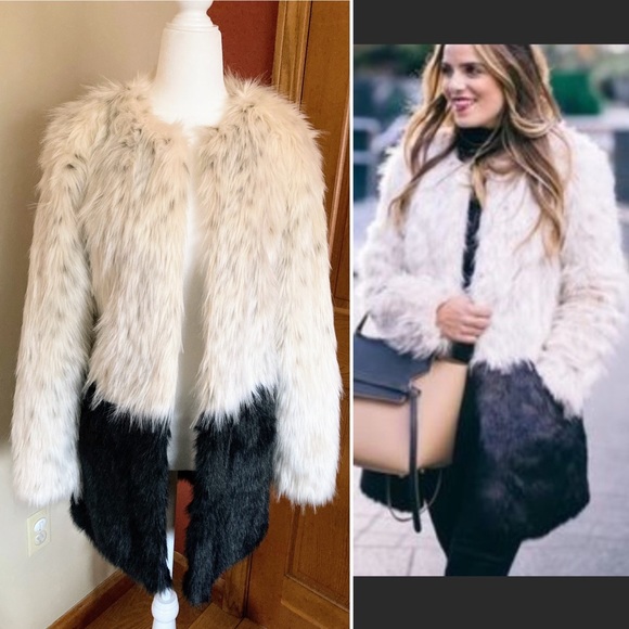 NWT Express Color Block Faux Fur White Black Coat Jacket Size XS TP - Picture 2 of 13